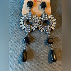 Black and Rhinestone Silver Dangle Earrings